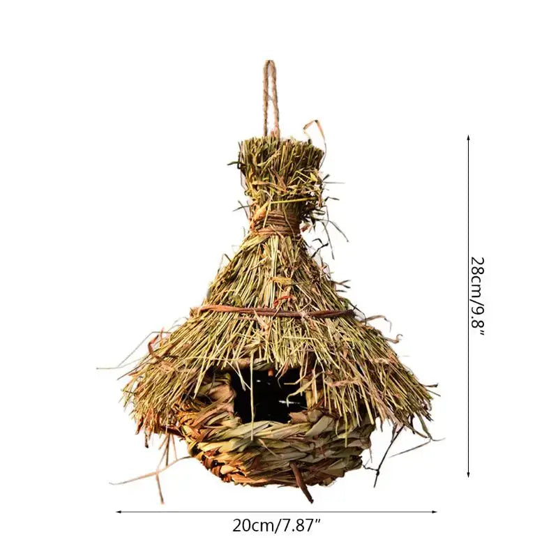 Handcrafted natural grass bird cage parrot nest featuring a rustic woven straw design with an open entrance hanging