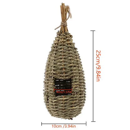 DecorBites™ natural grass bird cage with handwoven rustic textured weave and dark rectangular parrot nest entrance