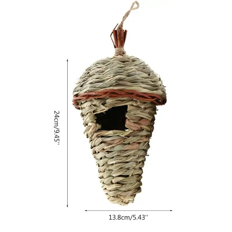 Decorbites natural grass bird cage hanging parrot nest shaped like an acorn with reddish-brown woven band and twine loop