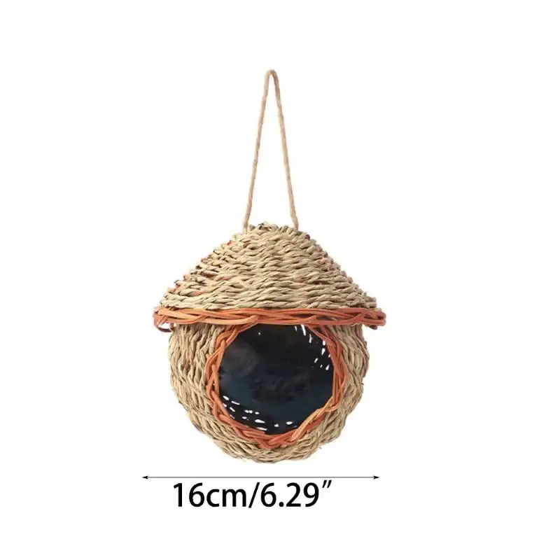 DecorBites natural grass bird cage with handwoven roof and orange trim designed as a parrot nest