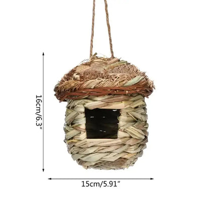 Handwoven DecorBites™ natural grass bird cage shaped like an acorn with a rustic brown roof for use as a parrot nest