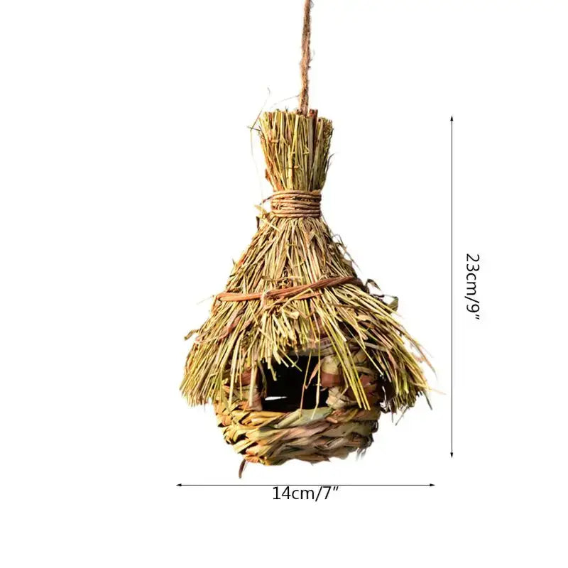 Handwoven natural grass bird cage parrot nest with rustic textured design in earthy tones by decorbites