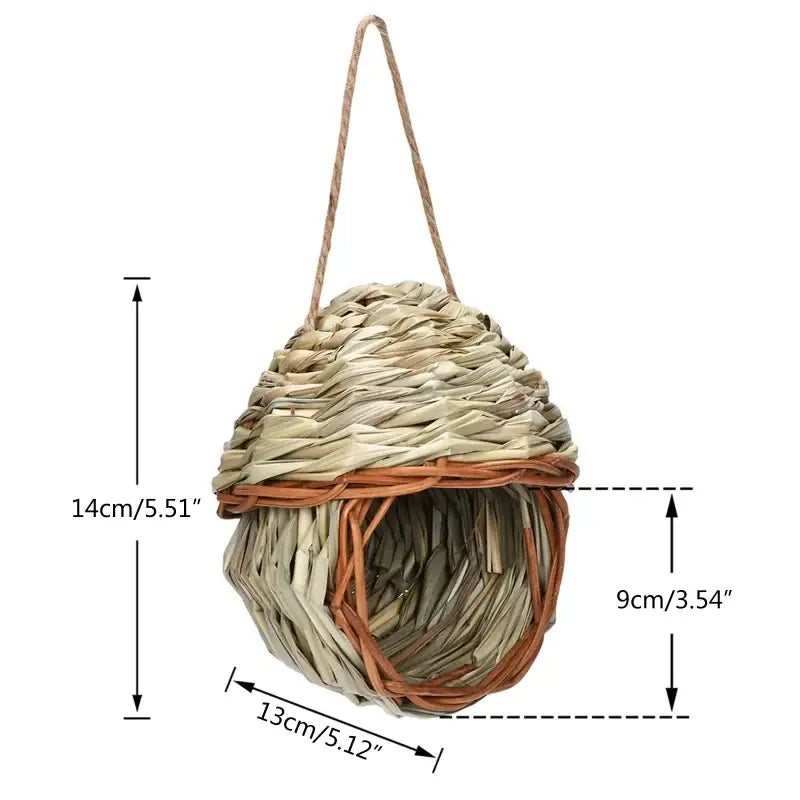 Decorbites™ natural grass bird cage with handwoven straw roof and brown wicker base suitable as a parrot nest