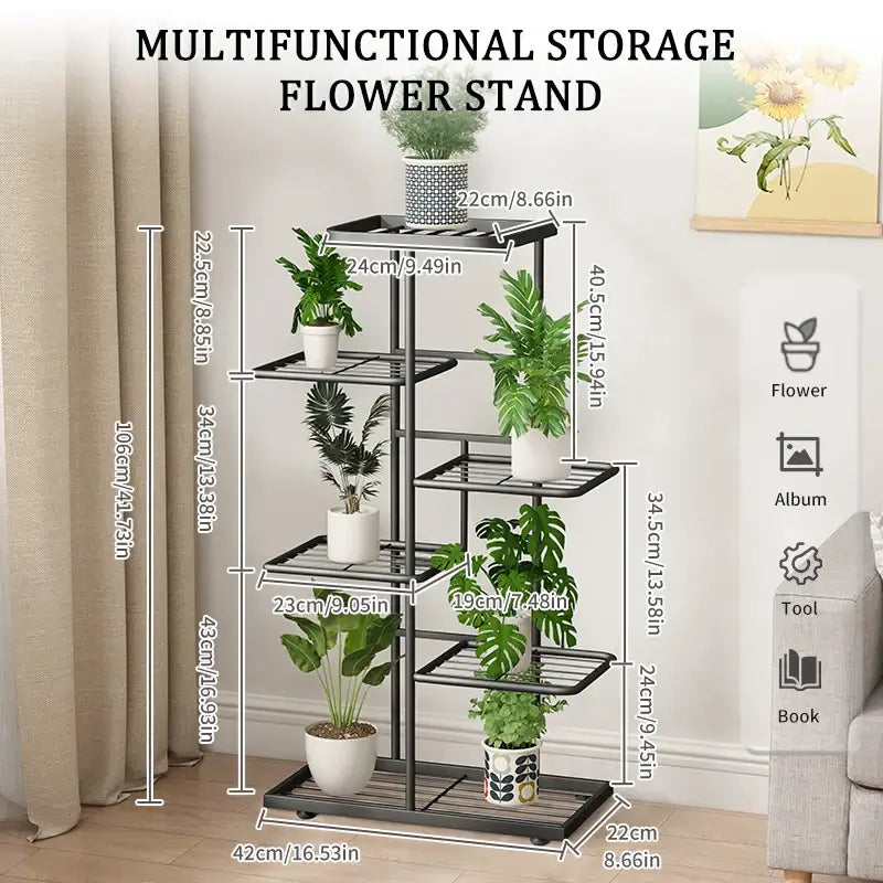 Black metal natural iron plant stand with five tiered shelves holding potted plants in white and patterned pots