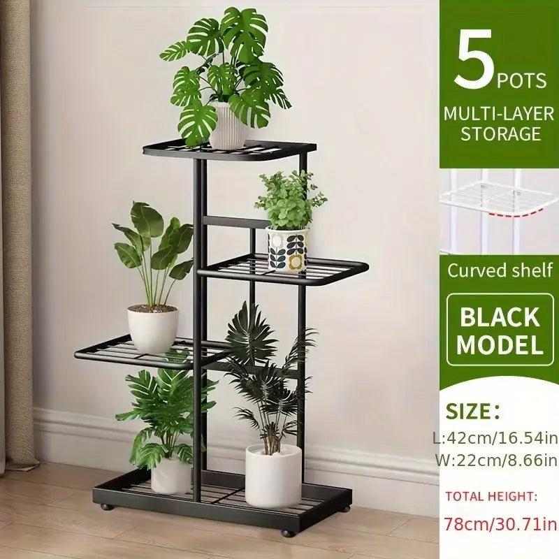 Black metal natural iron plant stand with curved shelves and five pot capacity from DecorBites multi-layer design