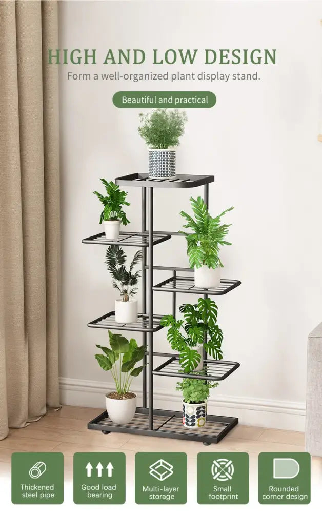 Black metal plant stand with five tiers and rounded corners natural iron plant stand for indoor use