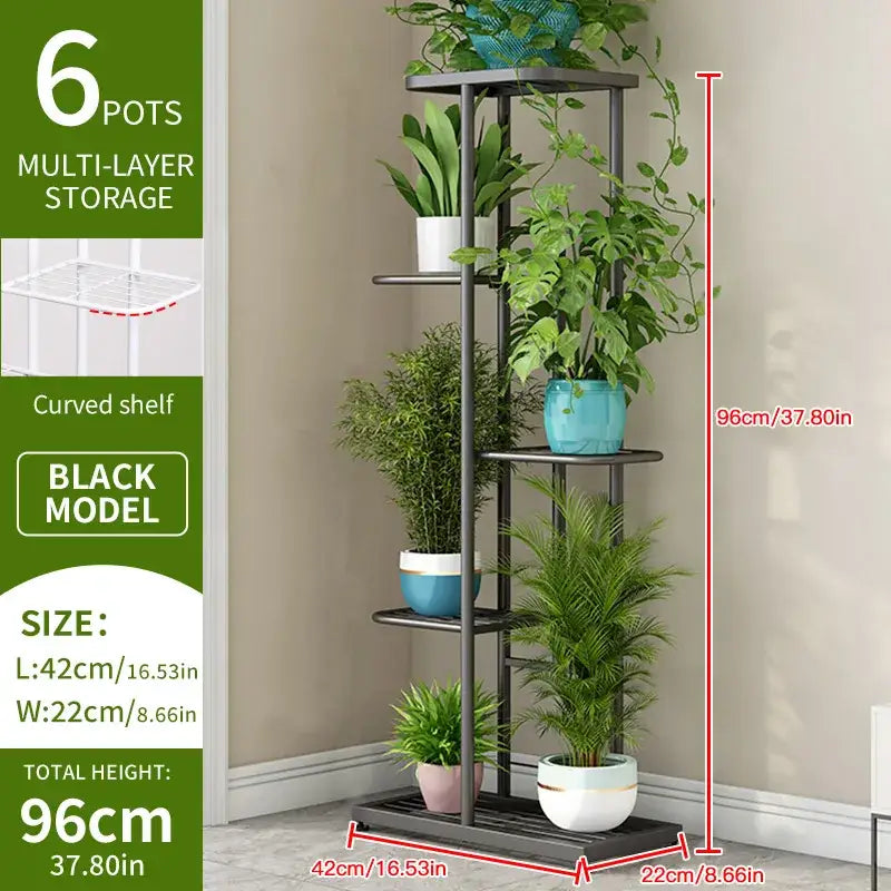 Black natural iron plant stand with curved shelves and six pot storage capacity by DecorBites multi-layer design