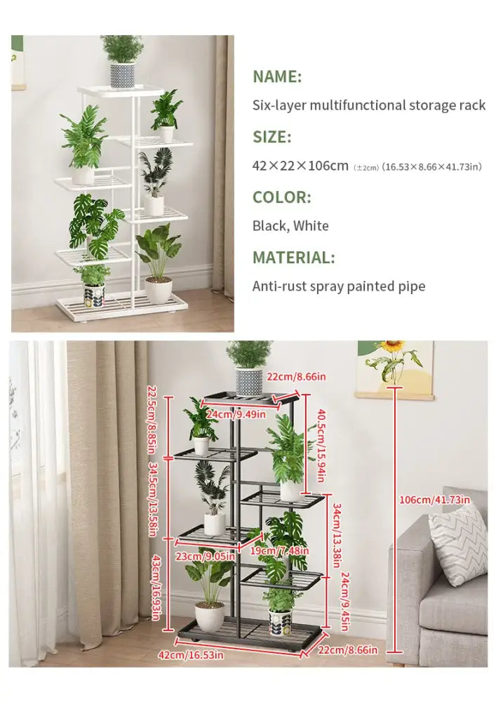 Black and white six-layer natural iron plant stand made of anti-rust spray painted pipe for multifunctional storage