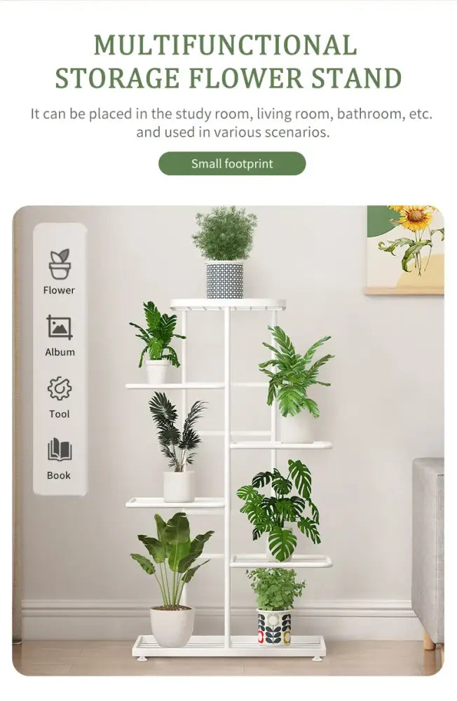 White metal natural iron plant stand with five tiers and a small footprint for indoor or outdoor use