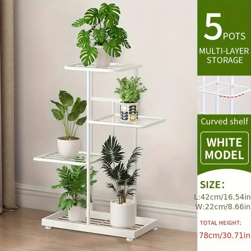 White metal natural iron plant stand with curved shelves and five pot storage capacity by DecorBites™