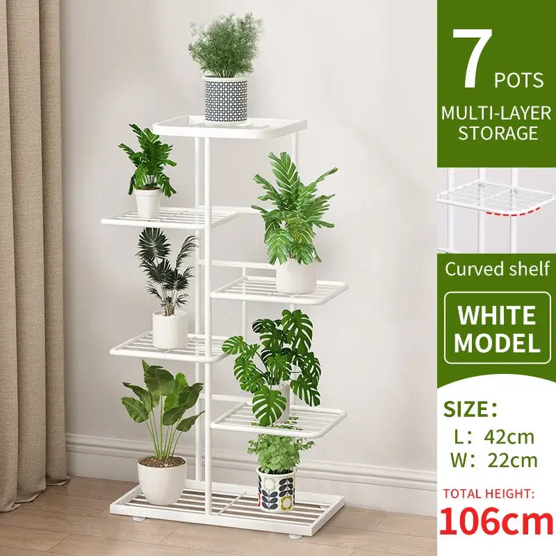 White multi-layer natural iron plant stand with curved shelves and grid design for indoor plant display
