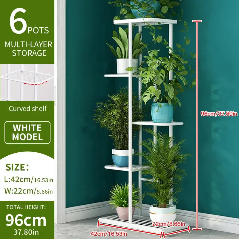 White multi-layer natural iron plant stand with curved shelves and six pot storage by DecorBites iron plant stand