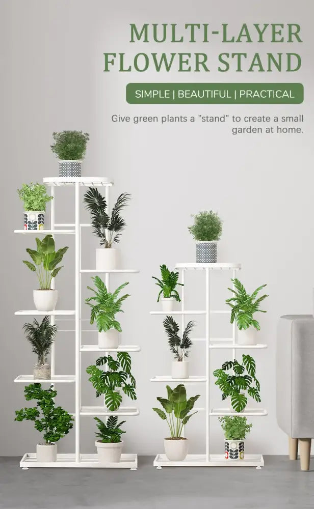 White multi-layer natural iron plant stand with tiered shelves holding potted green plants by DecorBites