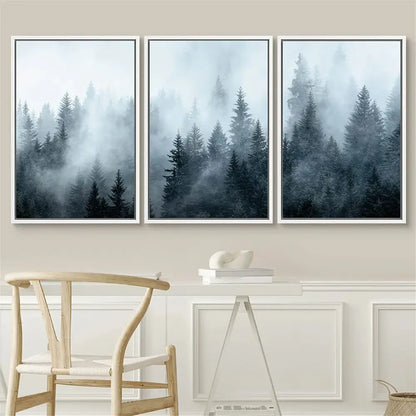 DecorBites™ nature landscape canvas print set features three blue and gray misty forest prints in thin white frames