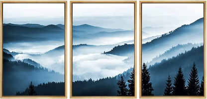 Decorbites™ nature landscape canvas print set featuring three-panel artwork of misty blue and gray mountain ranges