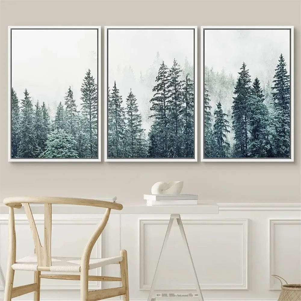 DecorBites™ three-panel minimalist forest landscape canvas print set in white frames for modern home decor