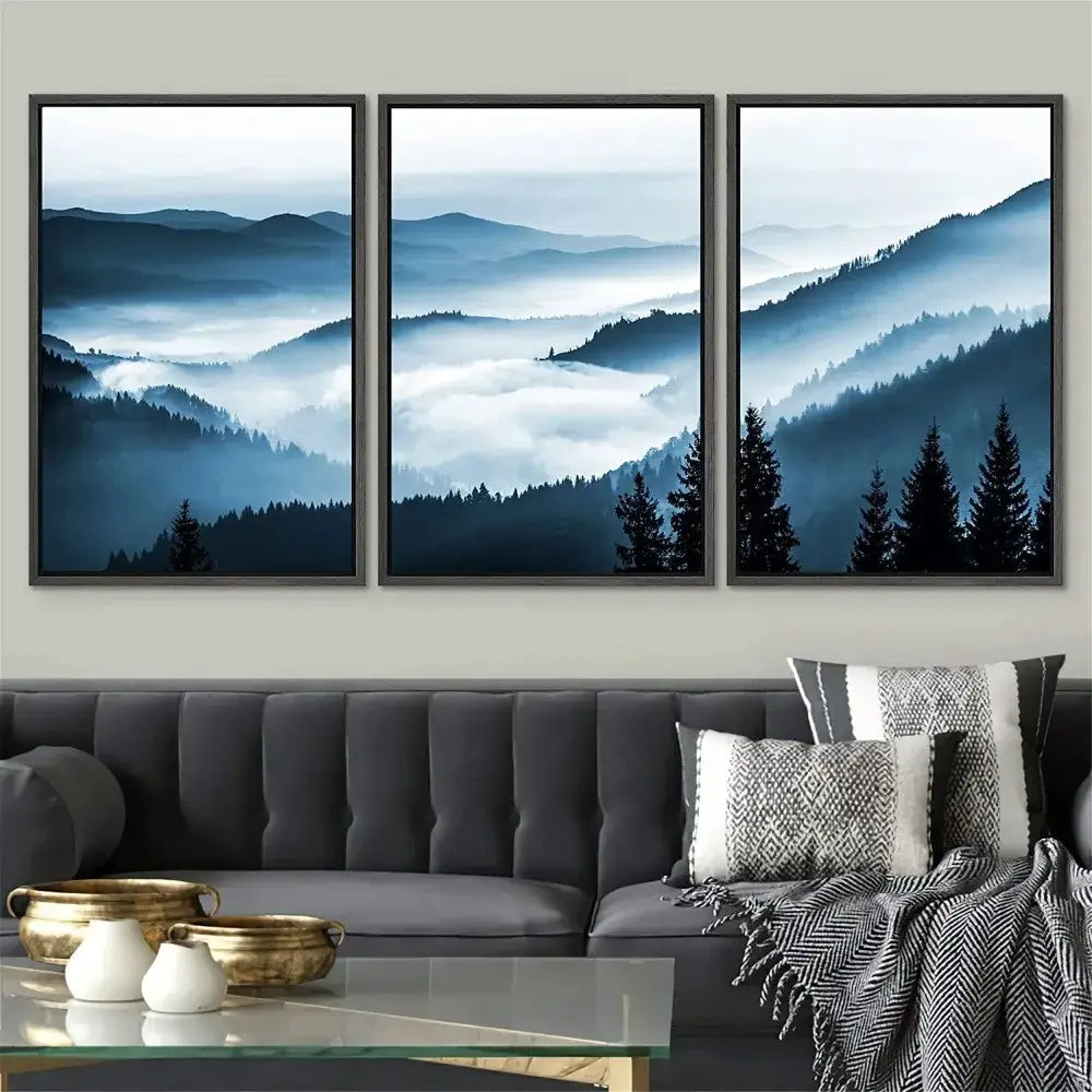 DecorBites™ nature landscape canvas print set featuring a three-panel misty mountain and forest design in blue and black