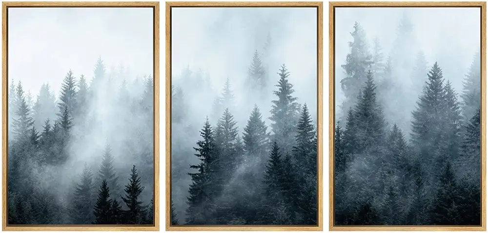 Decorbites™ nature landscape canvas print set with three-panel misty forest artwork in gray and blue tones in light wood frames