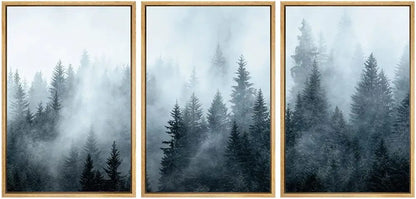 Decorbites™ nature landscape canvas print set with three-panel misty forest artwork in gray and blue tones in light wood frames
