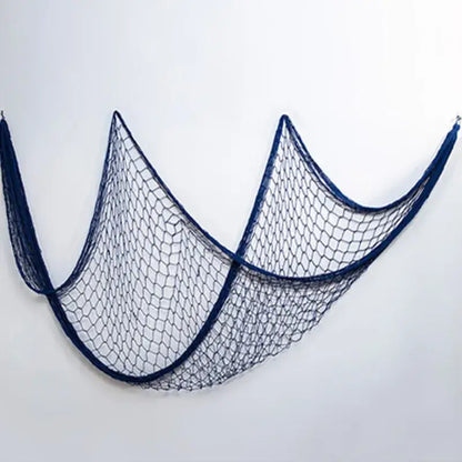 Decorbites™ nautical theme wall decor featuring a dark blue fishing net with hexagonal mesh and reinforced edges