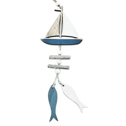 Decorbites™ nautical theme wall decor wooden wind chime with sailboat, white gray sail, blue hull, and teal white fish fishing net decoration