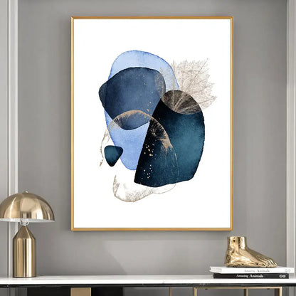 Abstract navy blue and gold geometric wall art in a slender gold frame from the decorbites™ navy blue geometric wall art set