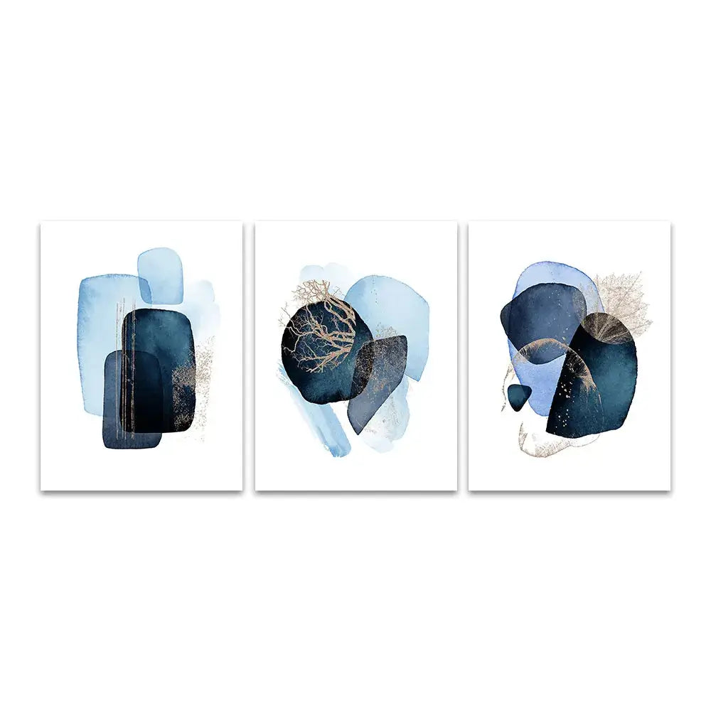 Set of three decorbites™ navy blue geometric wall art prints with layered shapes and gold leaf accents on white backgrounds