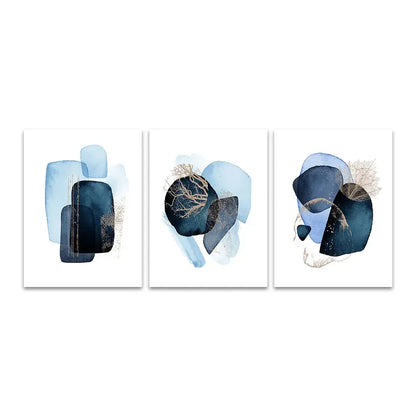 Set of three decorbites™ navy blue geometric wall art prints with layered shapes and gold leaf accents on white backgrounds