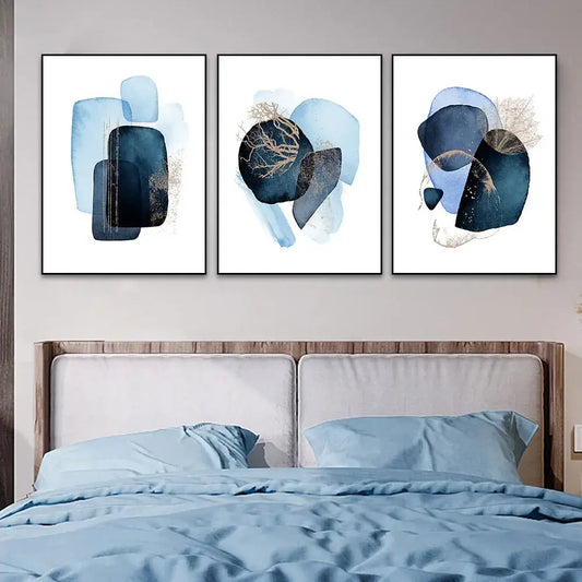 DecorBites™ navy blue geometric wall art set featuring three framed abstract pieces with layered shapes and gold leaf accents