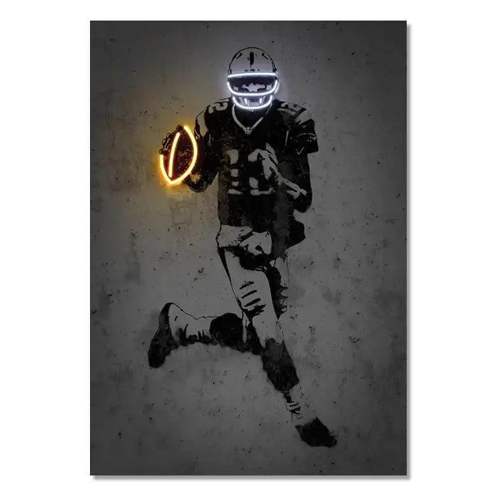 DecorBites™ NBA and soccer stars neon wall art featuring a black-and-white stencil football player with glowing helmet