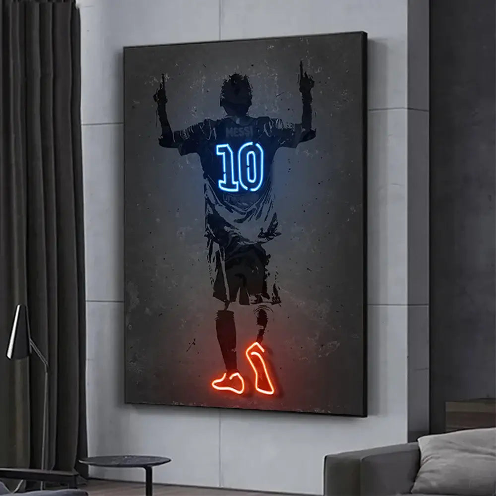 Decorbites™ nba & soccer stars neon wall art featuring neon-lit canvas with lionel messi silhouette and glowing blue orange accents