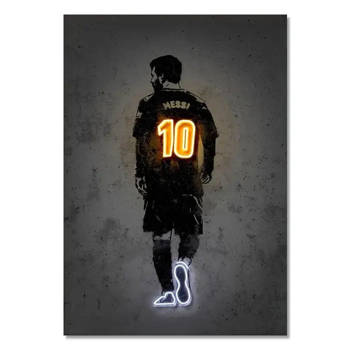 Neon-lit wall art featuring a soccer player in black jersey with glowing orange 10 and white outline shoes for soccer stars decor