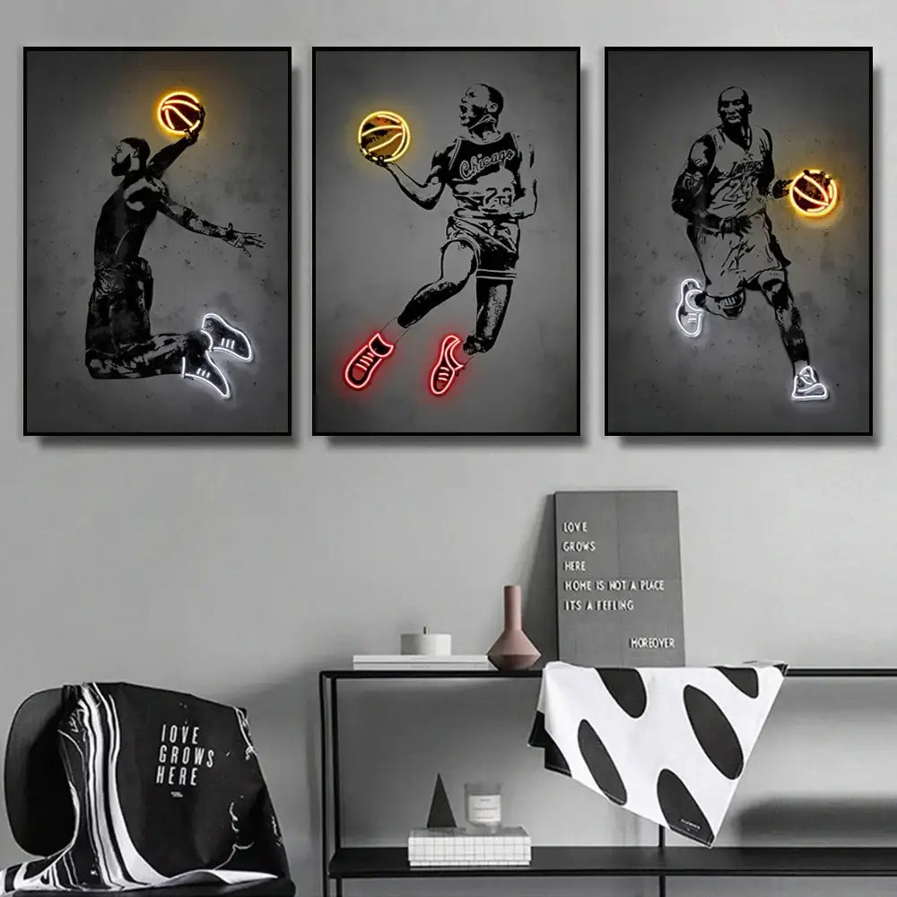 Three framed neon wall art prints of basketball players with glowing orange balls and illuminated shoes for decorbites nba and soccer stars neon collection