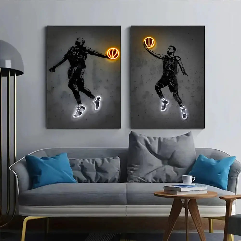 Two black and white neon wall art basketball player canvases with glowing orange hoops by decorbites nba and soccer stars neon