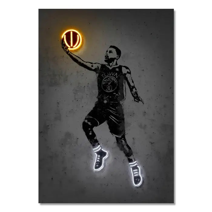 Decorbites™ neon sports stars wall art print featuring black-and-white neon basketball player with illuminated golden state warriors ball