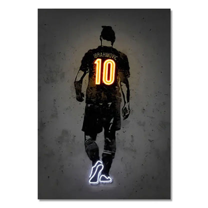 A neon-lit wall art print of ibrahimovic in a dark jersey with orange and blue accents for modern home decor sports stars