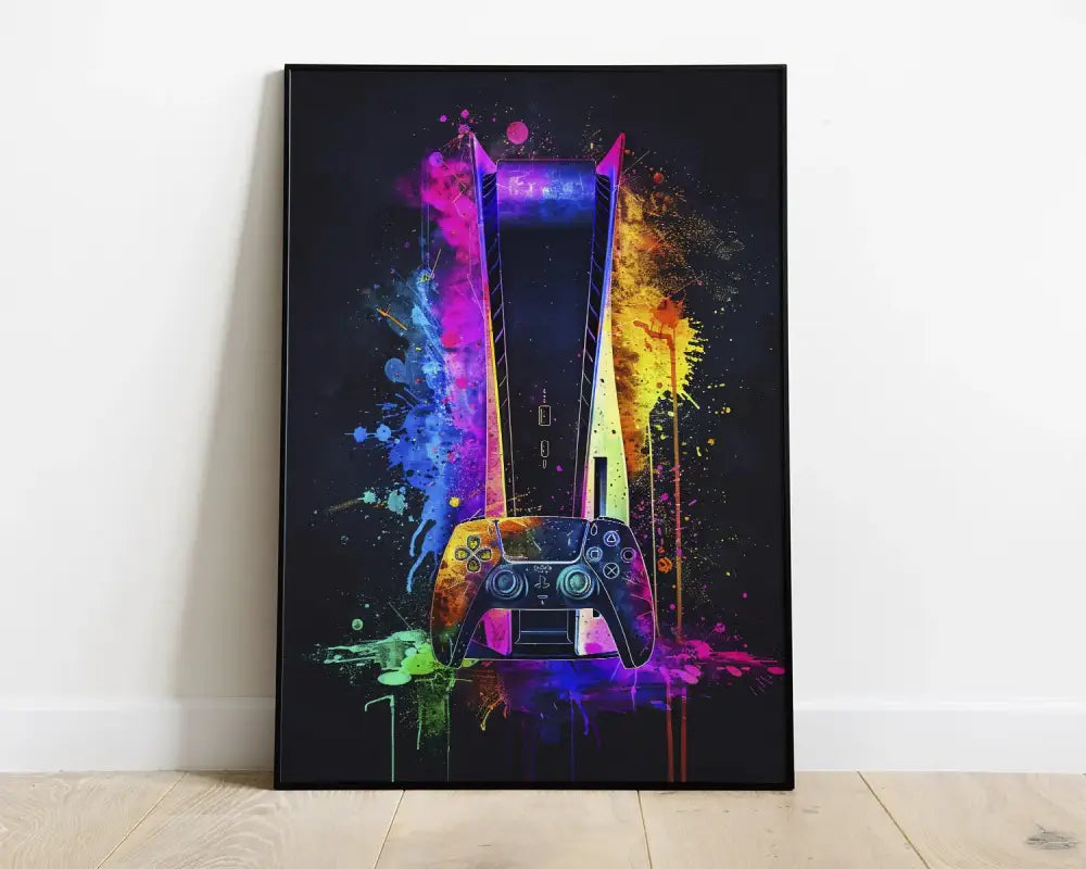 Vibrant neon video game poster featuring playstation 5 console and controller in bold pink purple blue green and yellow
