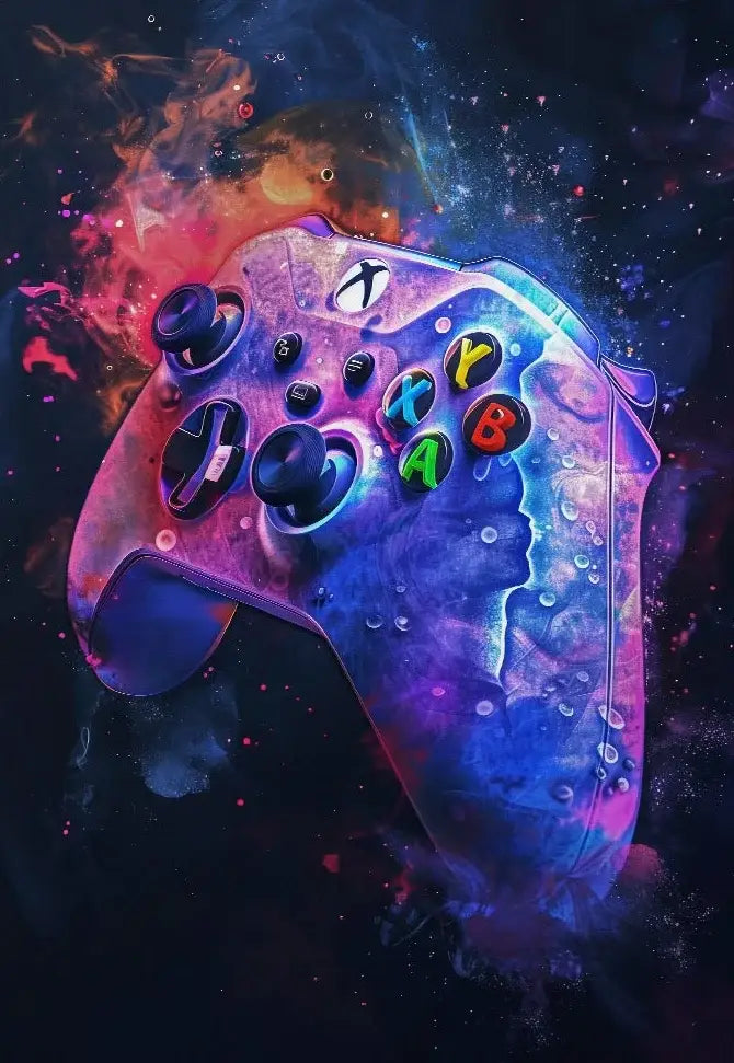 A vibrant galaxy-themed xbox controller with iridescent purple and blue hues for neon video game posters decorbites gamer room