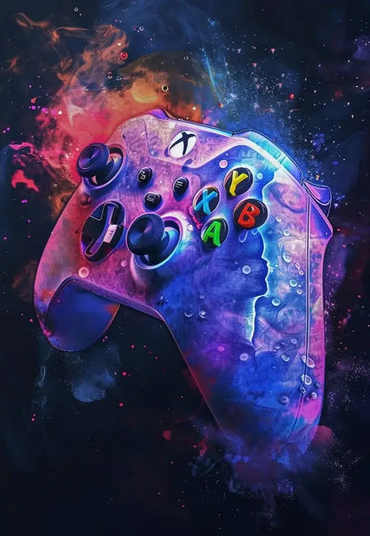 A vibrant galaxy-themed xbox controller with iridescent purple and blue hues for neon video game posters decorbites gamer room