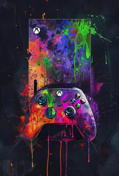 Vibrant splatter-painted xbox series x console and controller in neon green purple orange and pink for neon video game decorbites posters