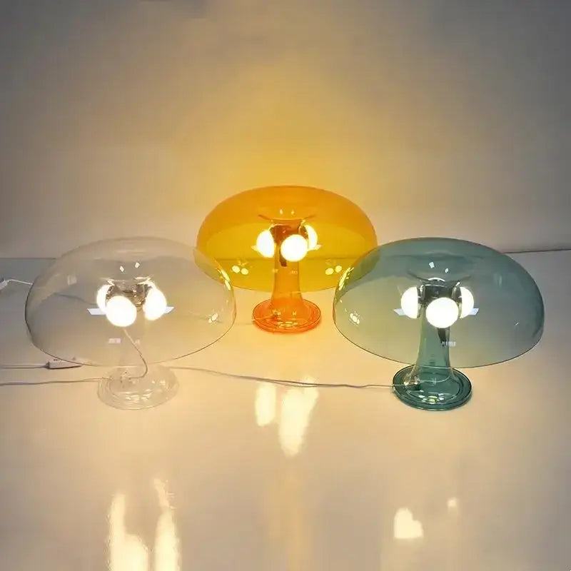 Decorbites™ new led mushroom table lamps in clear amber and teal glass with glowing bulbs for modern minimalist decor