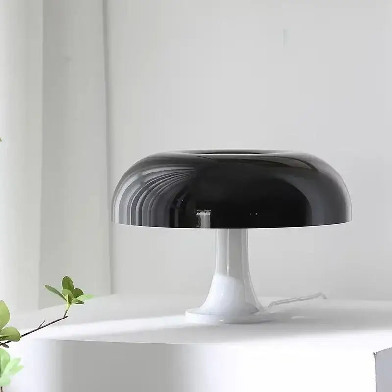 DecorBites™ black glossy led mushroom table lamp with white pedestal base for modern bedroom and living room lighting