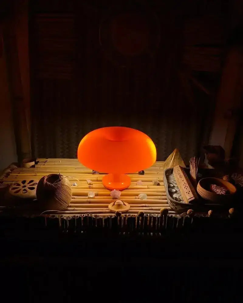 Vibrant orange led mushroom table lamp with smooth glossy plastic finish for modern bedroom and living room decor lighting