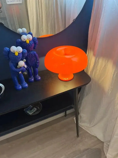 Vibrant orange led mushroom table lamp with glossy plastic finish for modern minimalist hotel bedroom decoration lighting