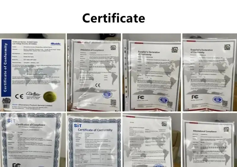 A collection of compliance certificates in clear sleeves for decorbites™ new led mushroom table lamp certification