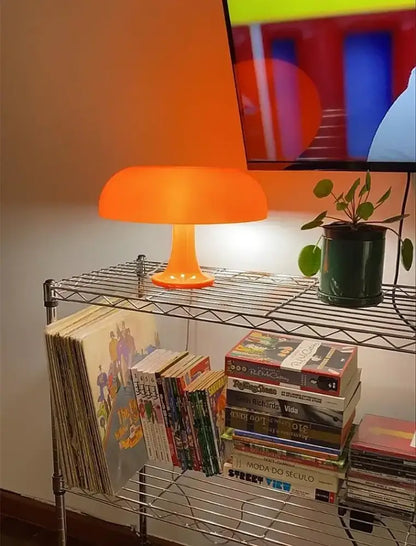 Vibrant orange led mushroom table lamp with smooth glossy finish for modern hotel bedroom and living room decor lighting