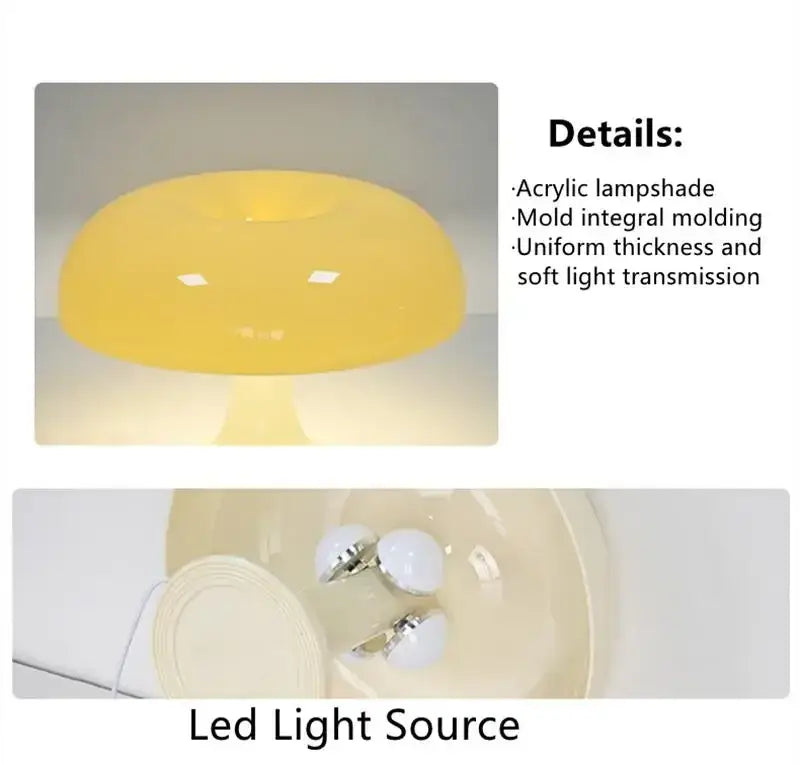 Yellow acrylic led mushroom table lamp with uniform thickness and soft light for modern bedside decoration