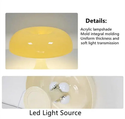 Yellow acrylic led mushroom table lamp with uniform thickness and soft light for modern bedside decoration
