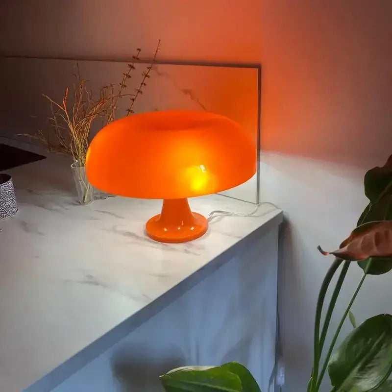 Decorbites™ new led mushroom table lamp in vibrant orange with smooth glossy plastic finish for modern bedroom lighting