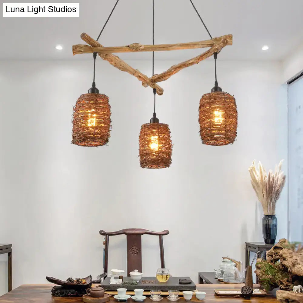Decorbites nordic ceiling light with brown branch driftwood and three woven wicker shades 30 inches wide